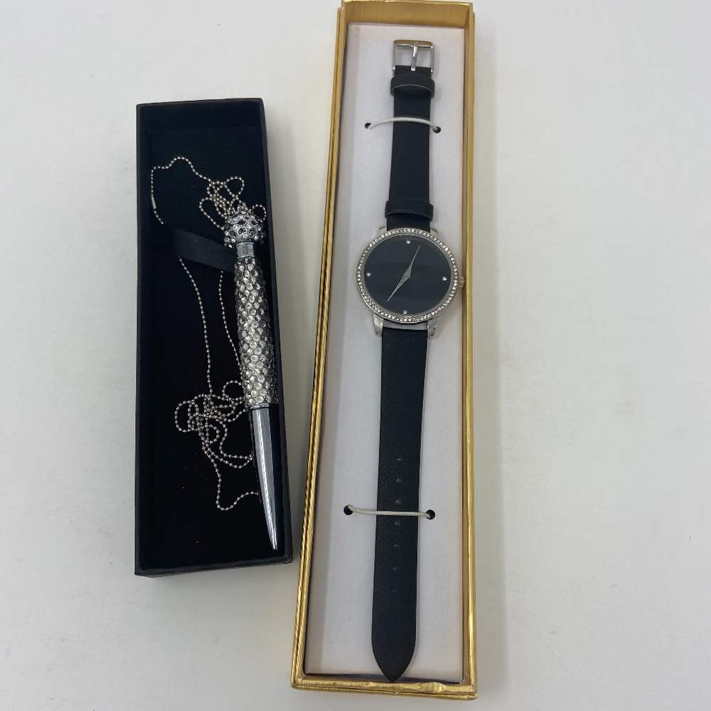 New Manhattan Croton Lady Black Analog Watch & Pen